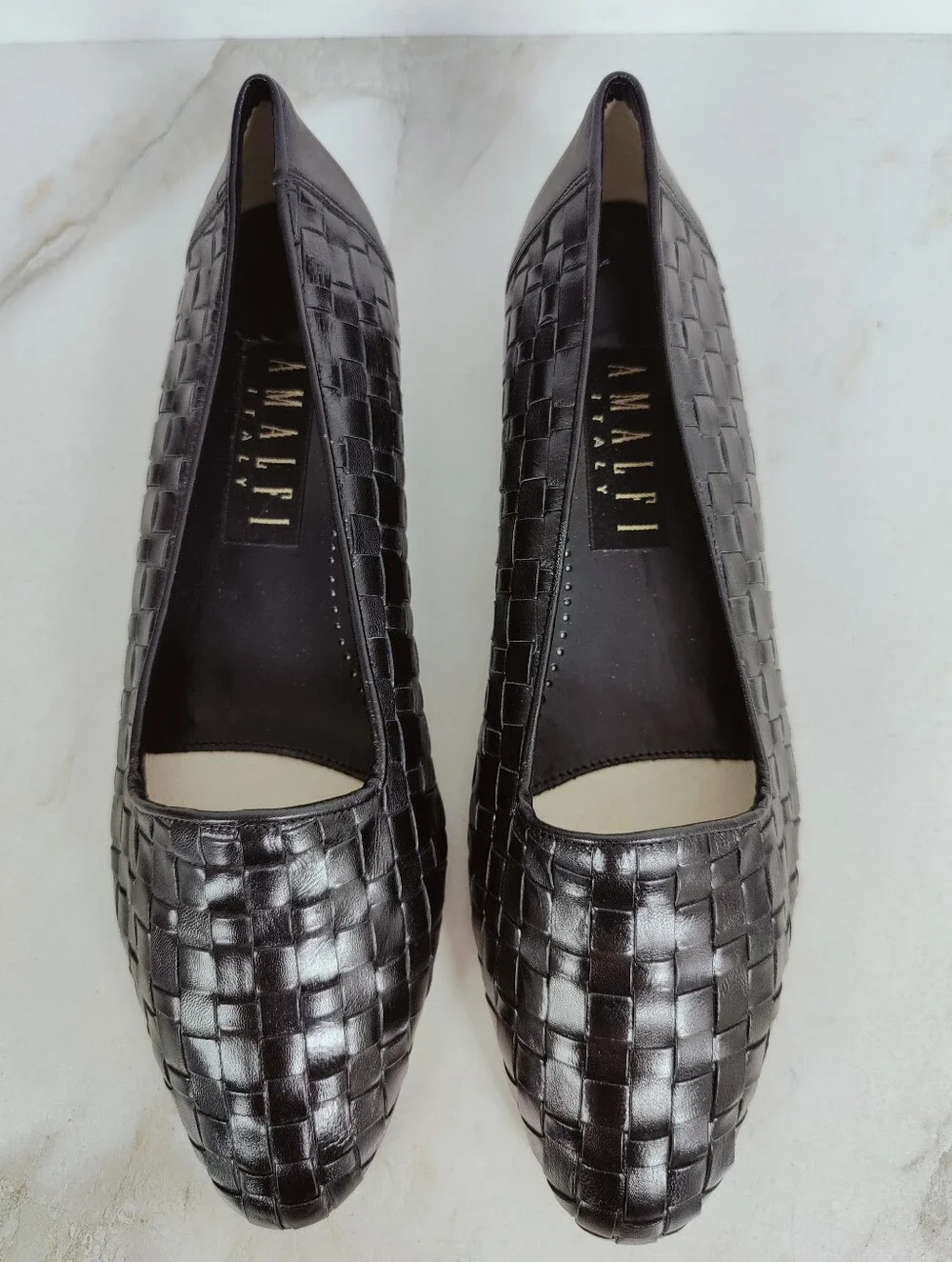 EUC Alfani Black Woven Leather Slip On Flat Almond Toe Loafers, Sz 10